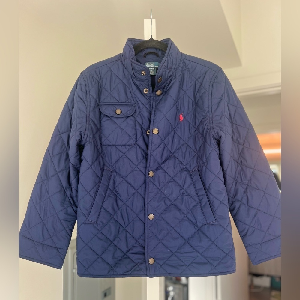 Navy Quilted Jacket with Red Logo